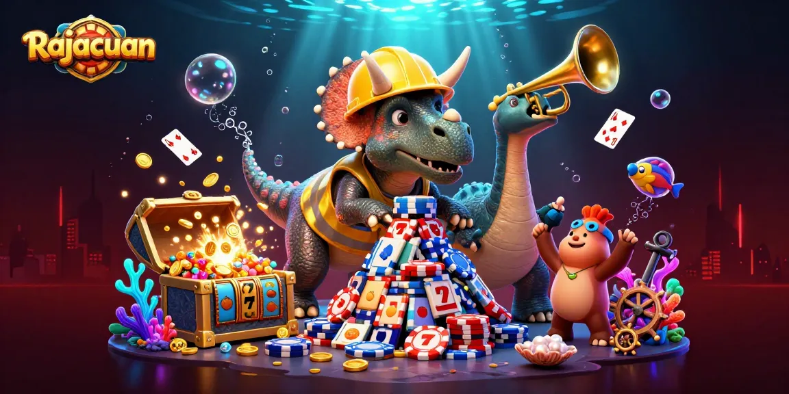 Rajacuan celebrates gaming success in an exciting 3D scene filled with casino elements and cheerful characters.