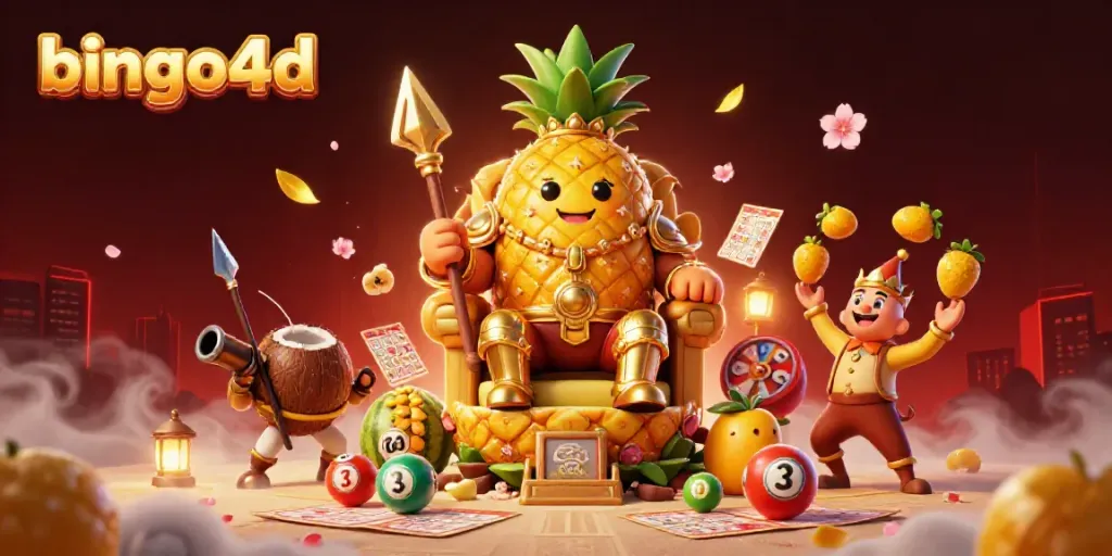 Menggambarkan suasana permainan bingo4d yang meriah dengan karakter unik dan elemen kasino.