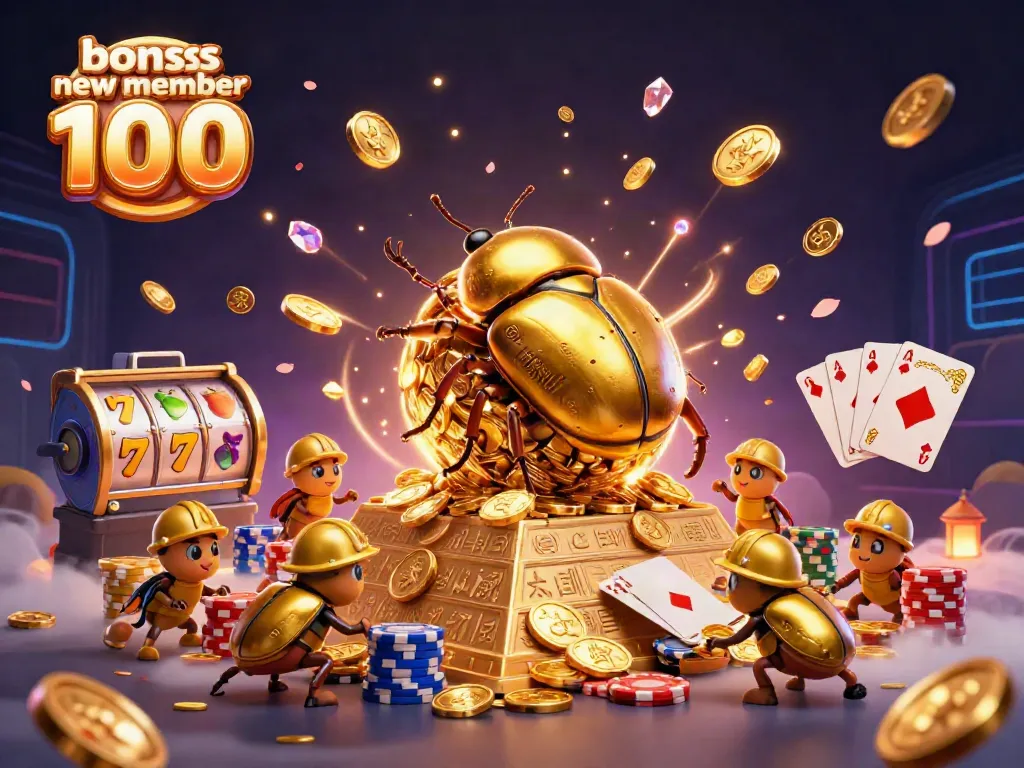 Experience thrilling action with the golden dung beetle in casino slots, showcasing the bonus new member 100 offer.