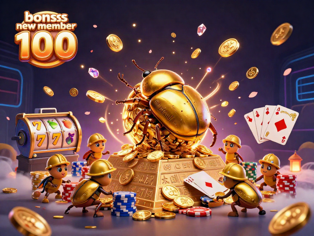 Experience thrilling action with the golden dung beetle in casino slots, showcasing the bonus new member 100 offer.