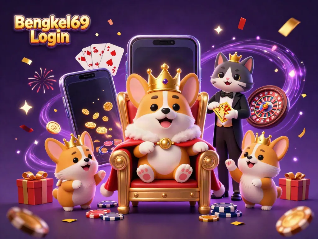 Play with excitement at Bengkel69 Login featuring a royal corgi and a cat butler surrounded by casino elements.