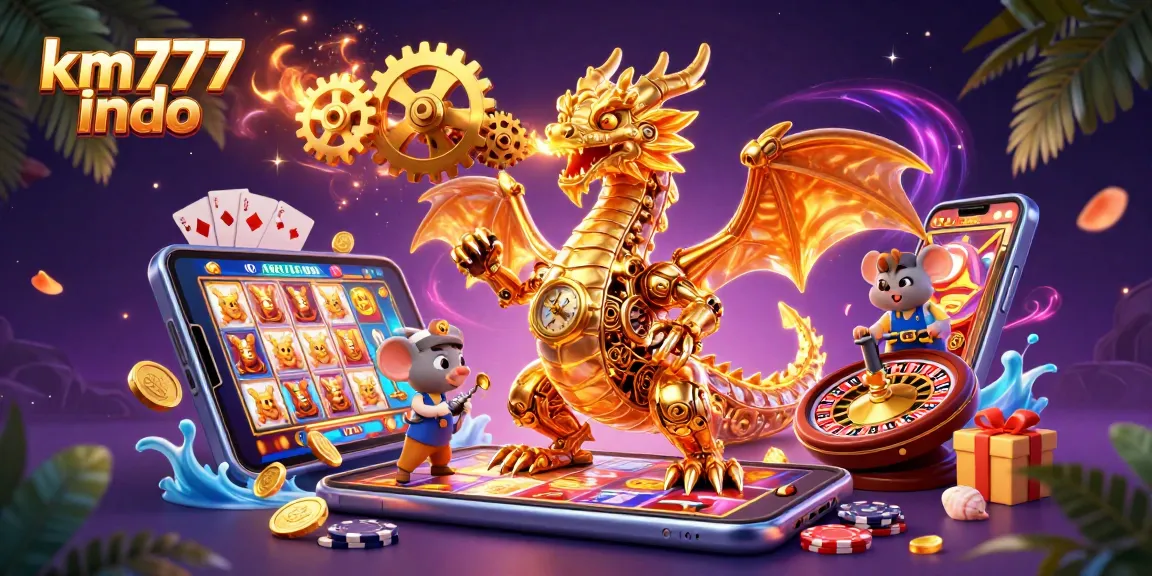 Experience exciting moments with km777 indo, where a golden dragon breathes gears amid vibrant casino elements.