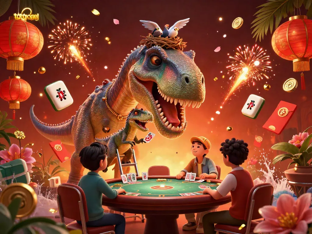 Engage with the excitement of toto togel in a 3D cartoon casino setting with playful dinosaurs.