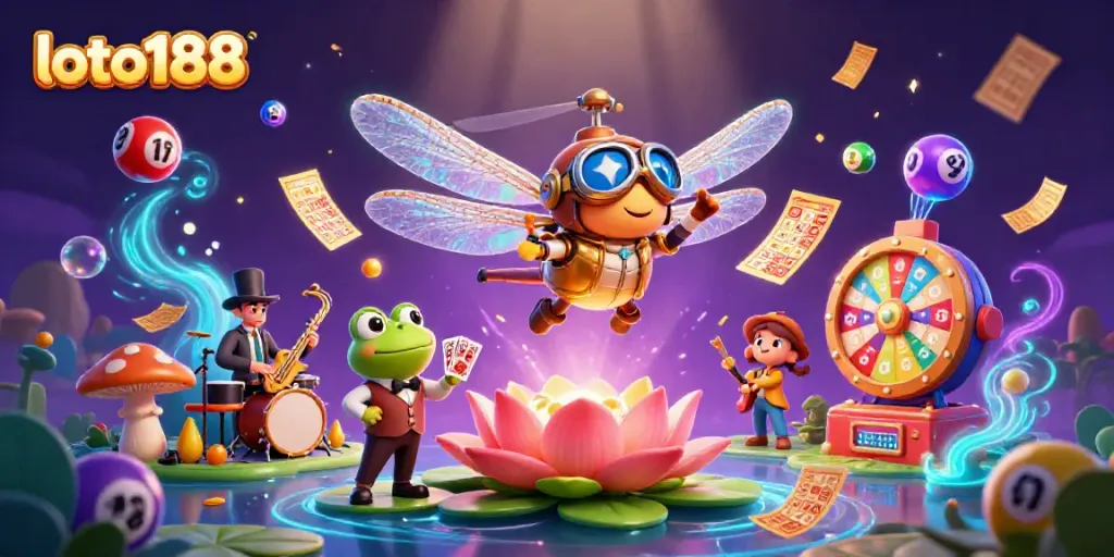 Experience loto188's vibrant lottery scene with a dragonfly pilot, frog croupier, and lively jazz band.
