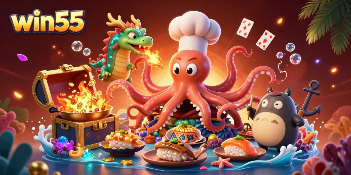 win55 brings excitement with a gaming-themed feast featuring a whimsical octopus chef and fire-breathing dragon.