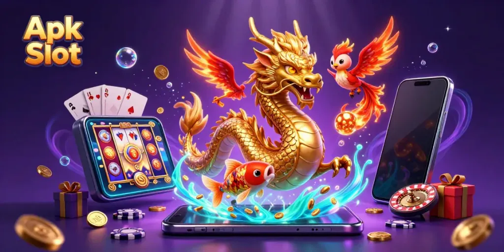 Mengakses Apk Slot dengan karakter naga emas, phoenix merah, dan ikan koi berkilau di tengah slot.