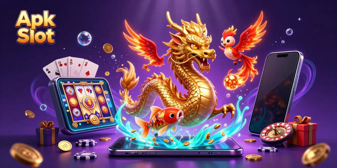 Mengakses Apk Slot dengan karakter naga emas, phoenix merah, dan ikan koi berkilau di tengah slot.