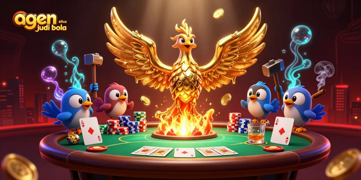 Engage with agen situs judi bola in a vibrant 3D illustration showcasing dynamic poker elements and a majestic phoenix.