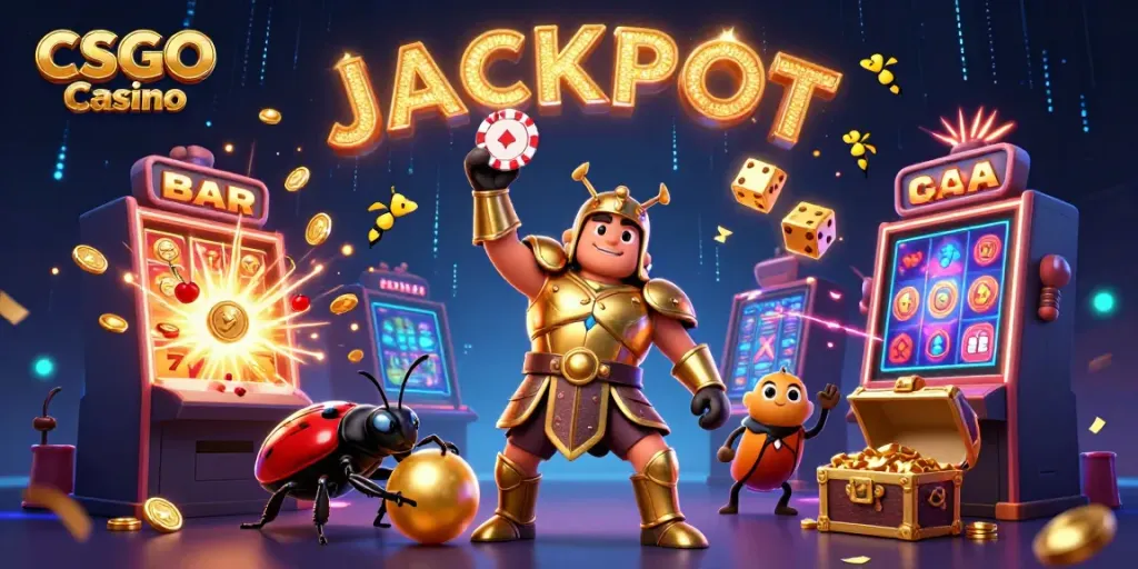 Celebrate wins with an ultra-detailed scene at a CSGO Casino featuring vibrant characters and casino symbols.