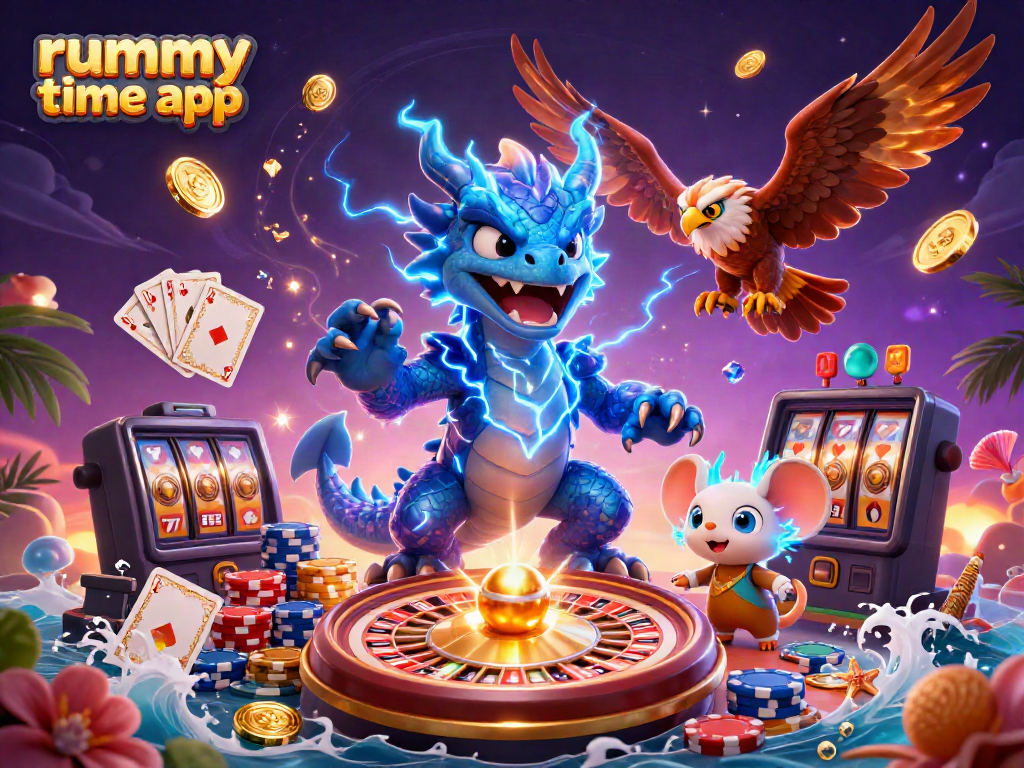 Win big with the rummy time app featuring a thunder dragon, vibrant colors, and dynamic casino elements.