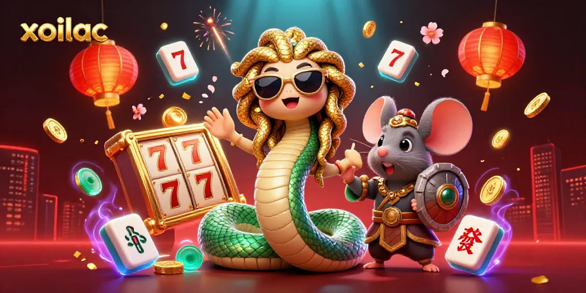 Engage with xoilac casino fun through a vibrant Medusa and a warrior mouse amid slot reels and festive game elements.