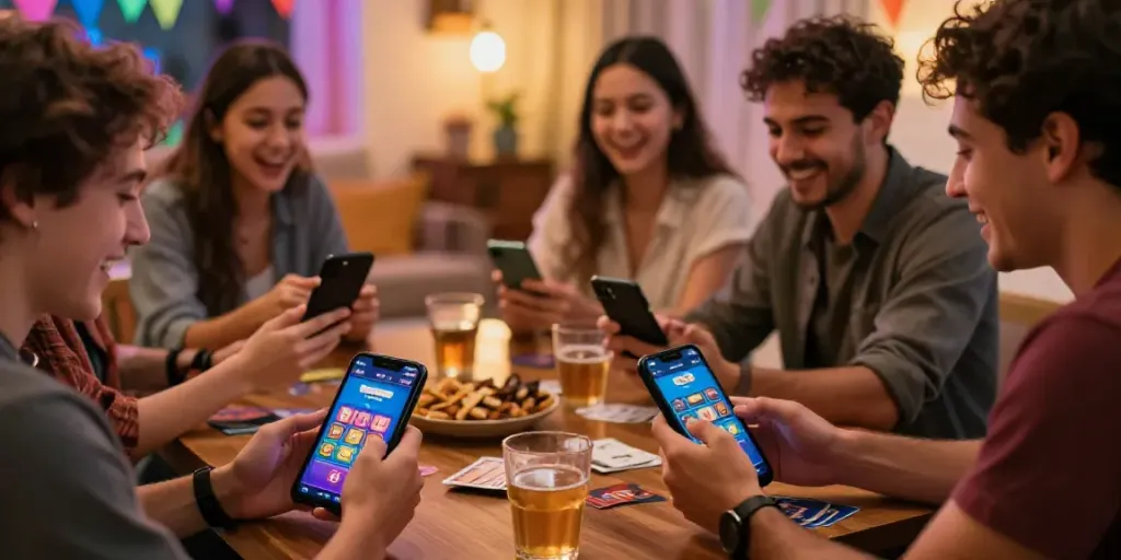 Group enjoying Teen Patti Gold on mobile devices at a lively party, celebrating the explore platform experience.