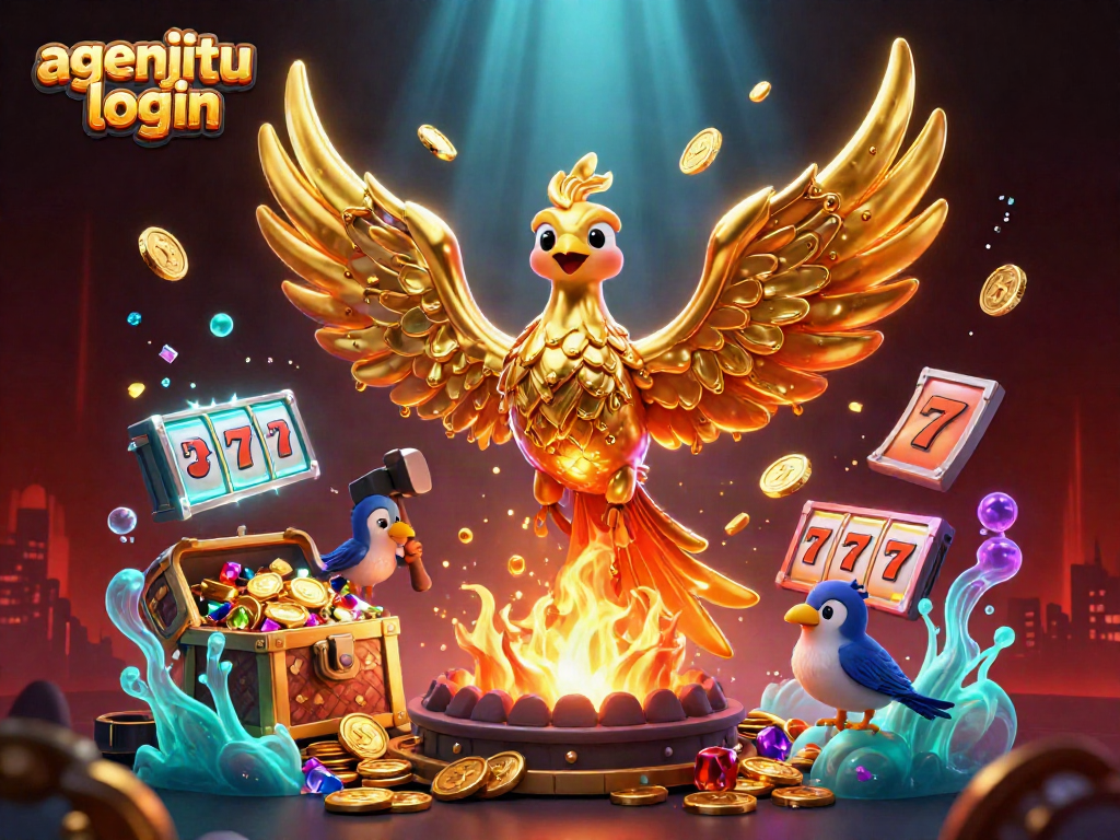 Login agenjitu untuk mengakses phoenix emas 3D yang mengeluarkan koin dalam suasana kasino yang meriah.