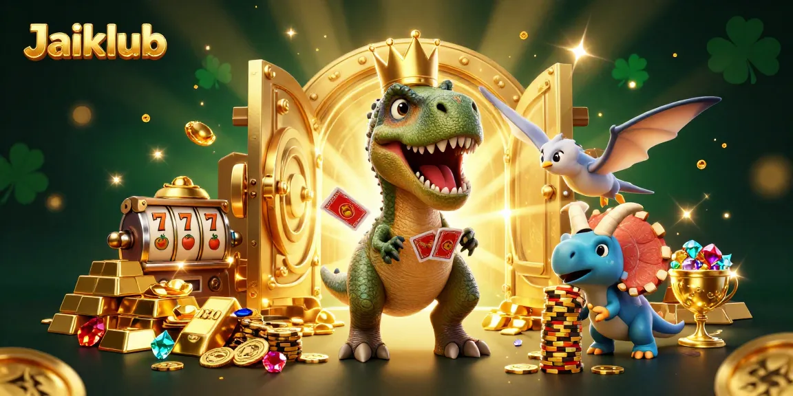 Jaiclub entertains with a 3D T-Rex shuffling cards amid dazzling slots and treasures.