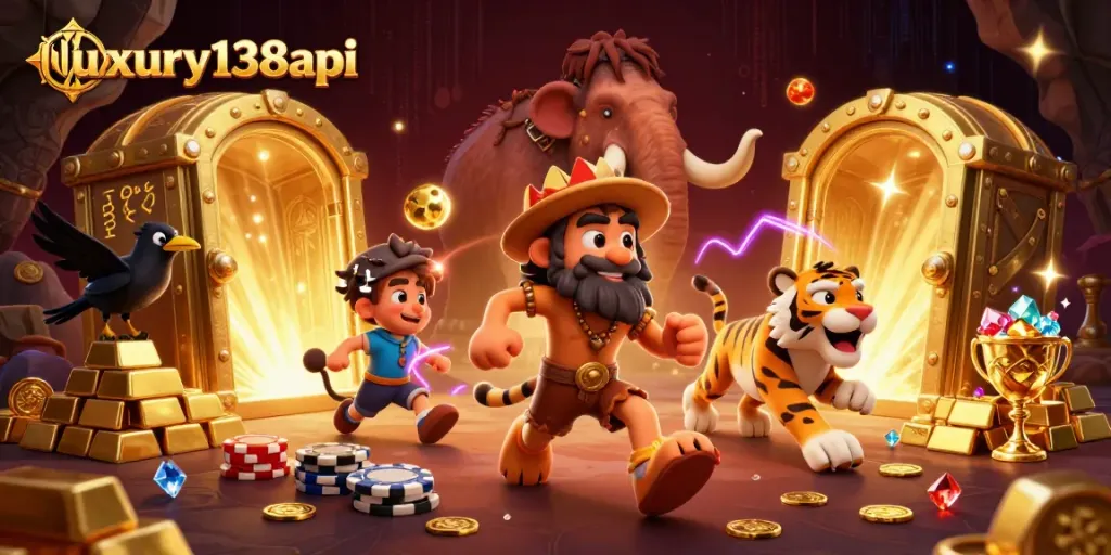 Play thrilling games at luxury138api with a vibrant, prehistoric casino atmosphere showcasing dynamic characters and golden treasures.