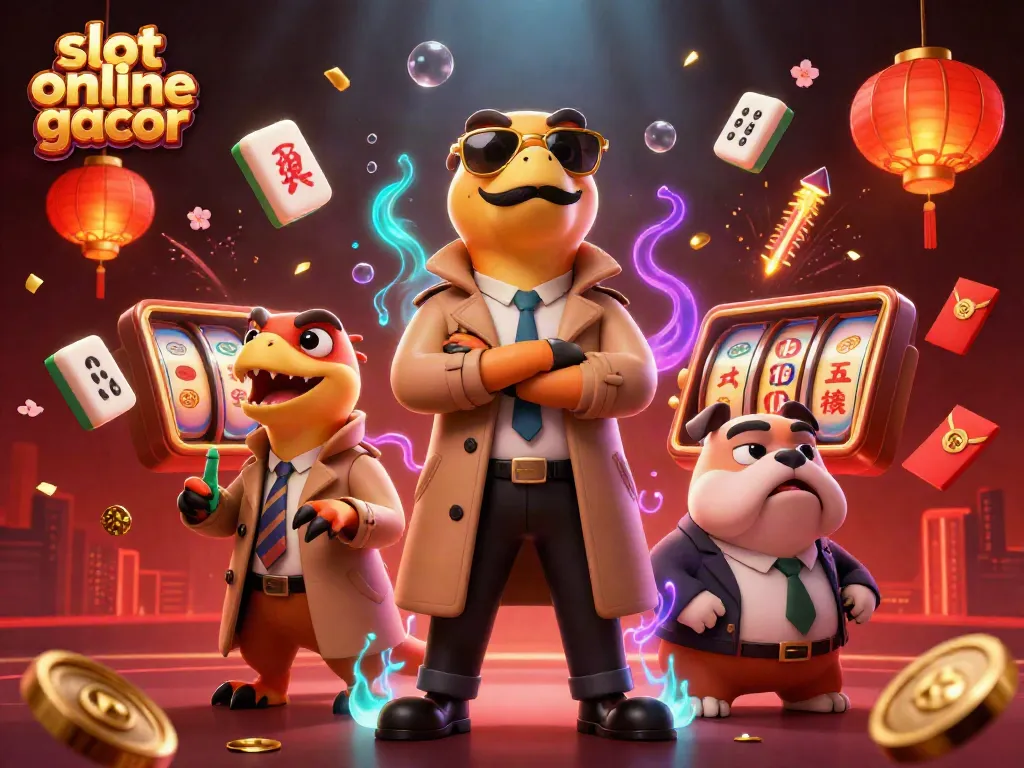 Engage with slot online gacor through a vibrant 3D cartoon scene featuring playful raptors in a casino.
