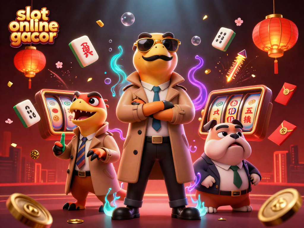 Engage with slot online gacor through a vibrant 3D cartoon scene featuring playful raptors in a casino.