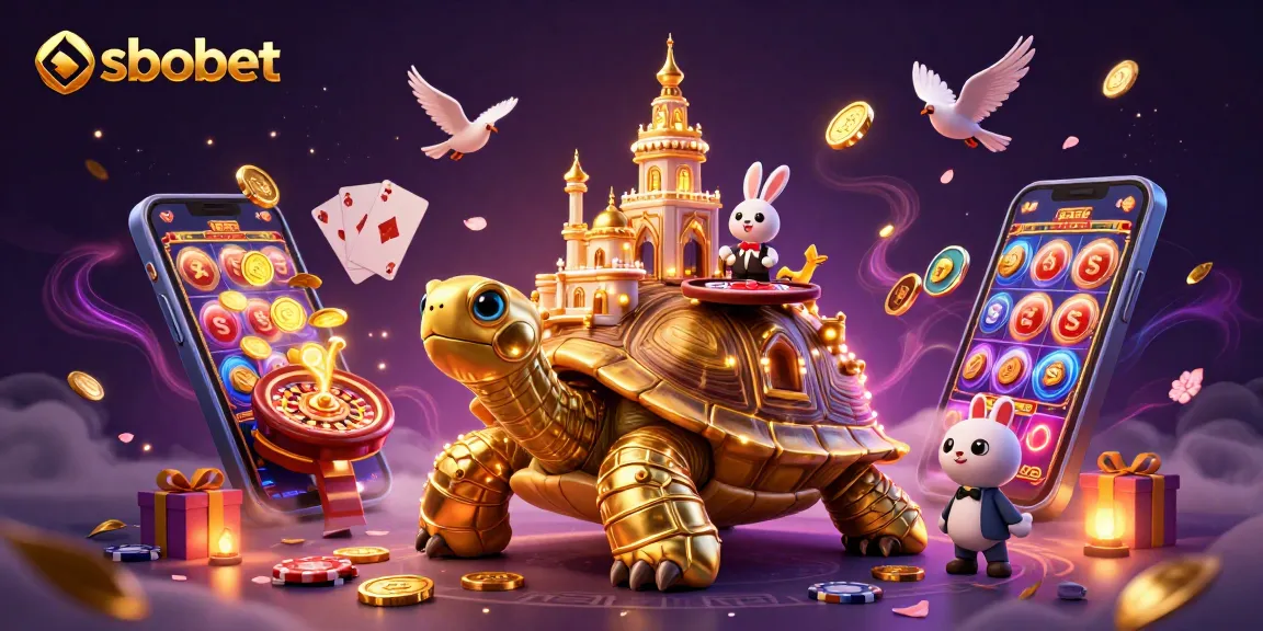 SBOBET offers a vibrant gambling experience illustrated with a golden tortoise casino and animated characters.