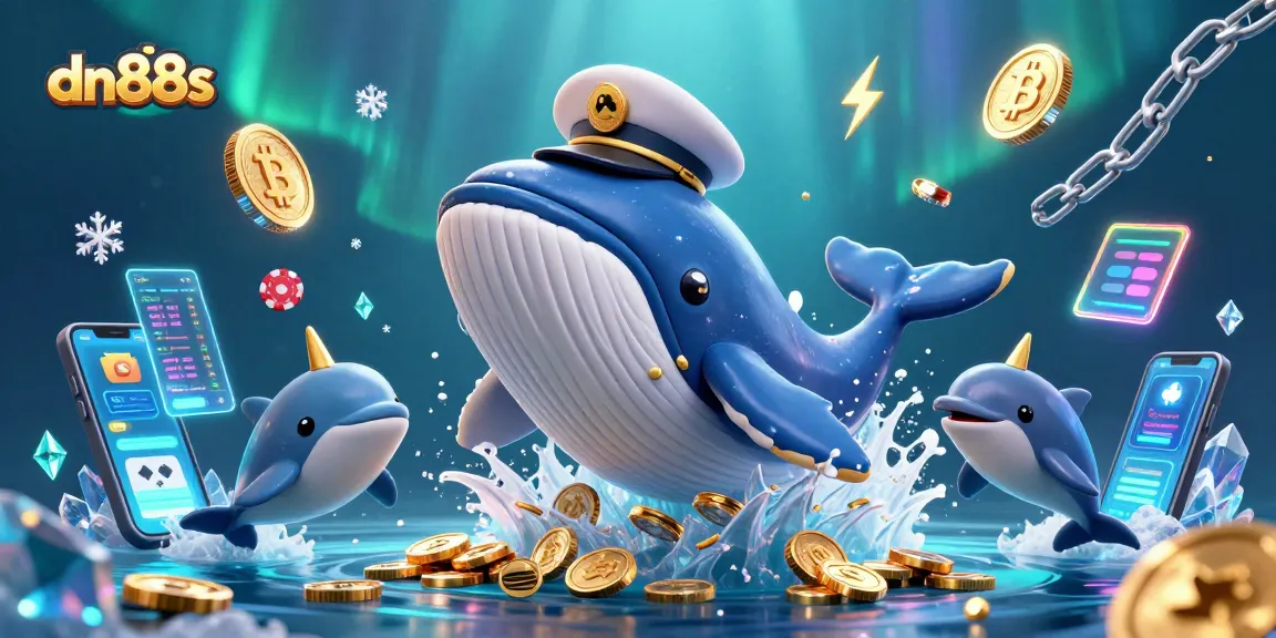 Win big at dn88s with a spectacular whale breaching through coins, surrounded by crypto elements.