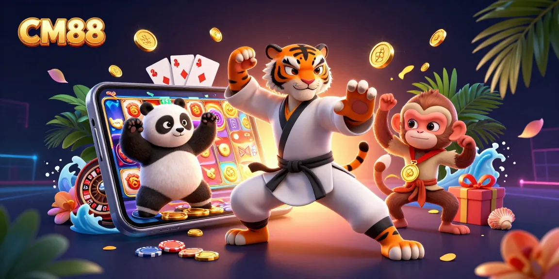 Engage in slots with CM88's vibrant cartoon scene, showcasing fun characters and exciting game elements.