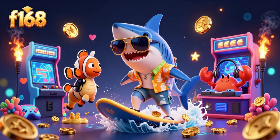 Surf the wave of gold coins with f168 in this vibrant 3D casino illustration, featuring fun sea characters.