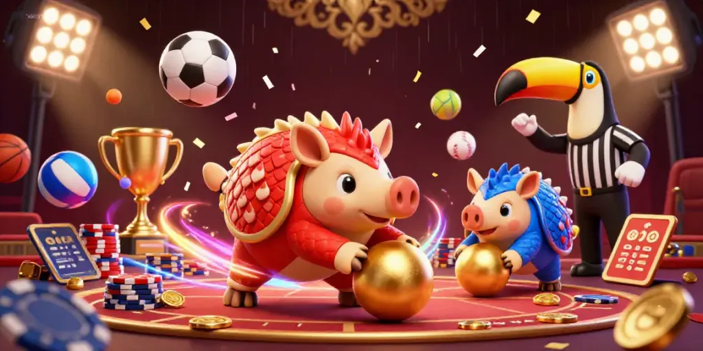 Engage in thrilling action at trang chủ 23WIN as rival pangolins roll through chips and golden sports balls in this vibrant casino scene.