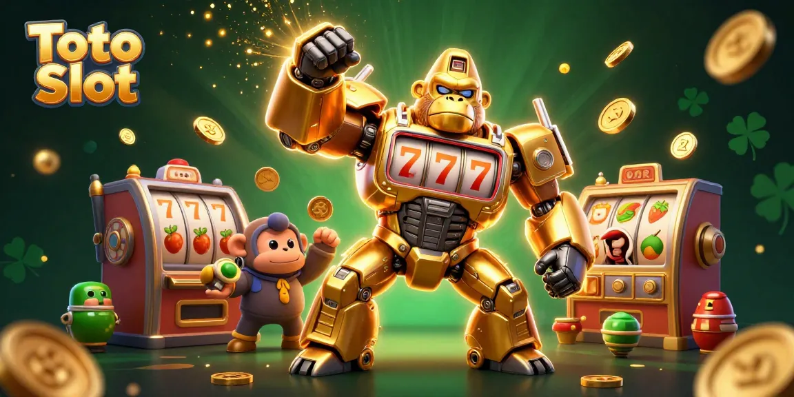 Toto Slot showcases an exciting 3D gorilla mech amidst dynamic casino elements, perfect for gamers.