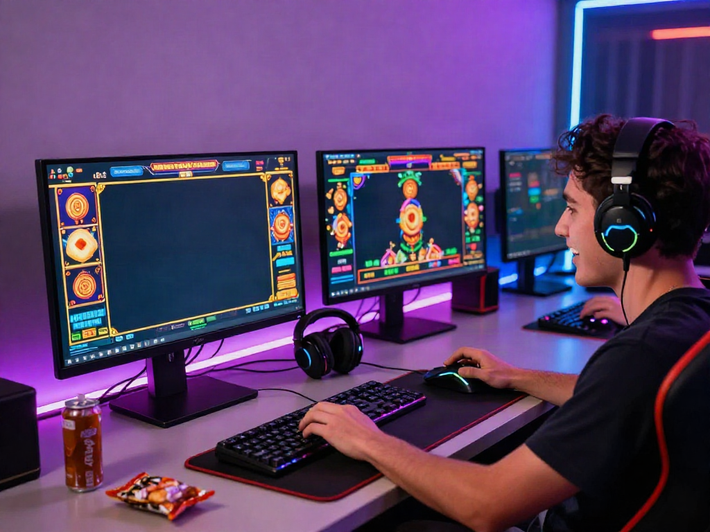 Pengalaman bermain game online JPTOTO dengan grafis berwarna-warni dan aksesori gaming yang menarik.