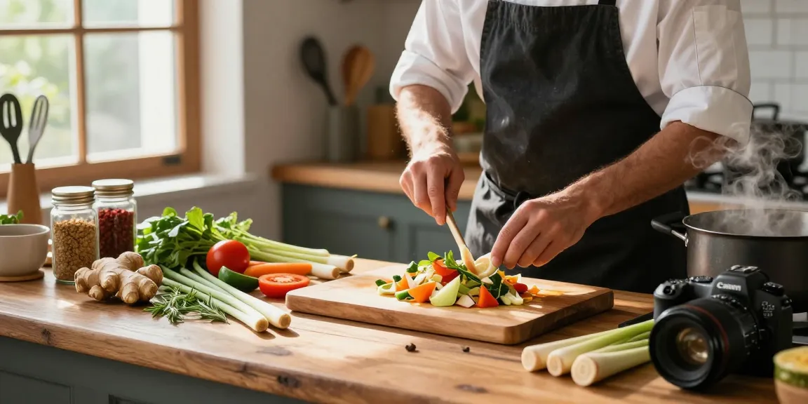 เว็บสล็อต แท้ 100 เปอร์เซ็นต์ - Chef preparing a ginger and lemongrass dish in a sunlit kitchen.