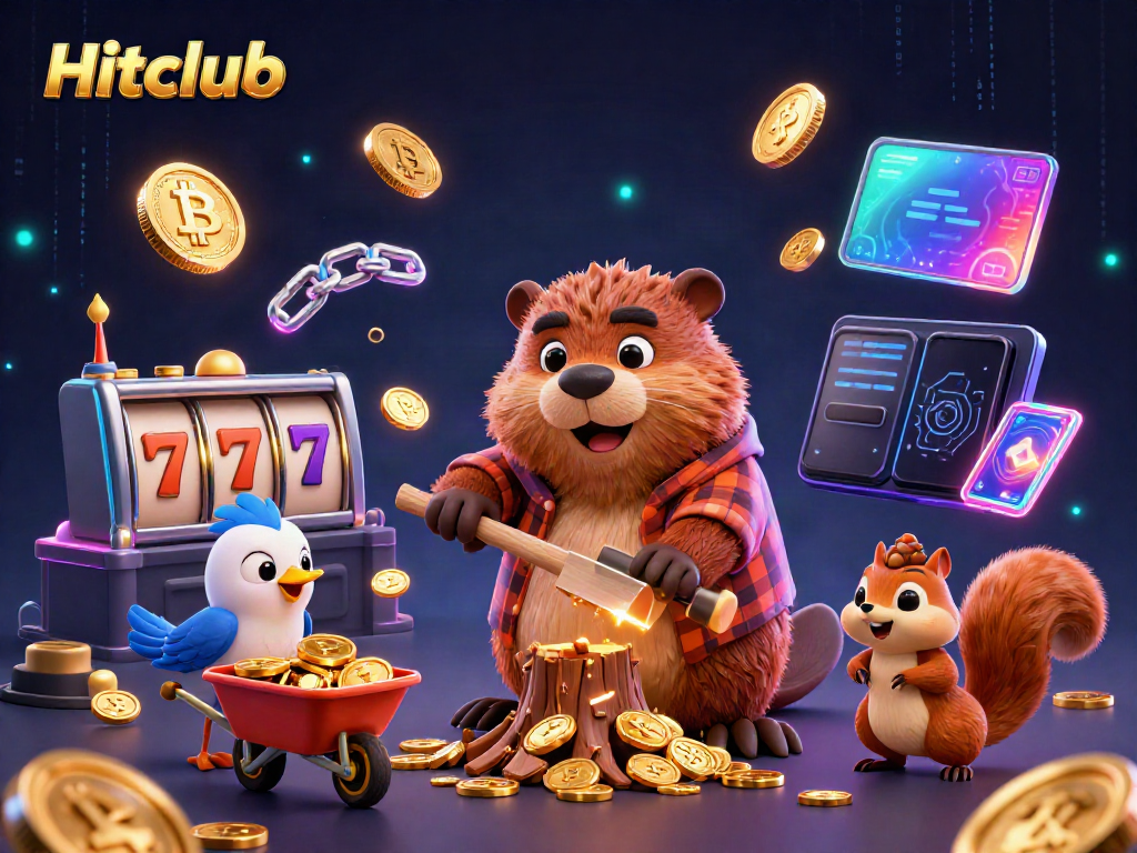 Hitclub showcases an engaging scene of a beaver in a plaid shirt surrounded by coins and slot elements.