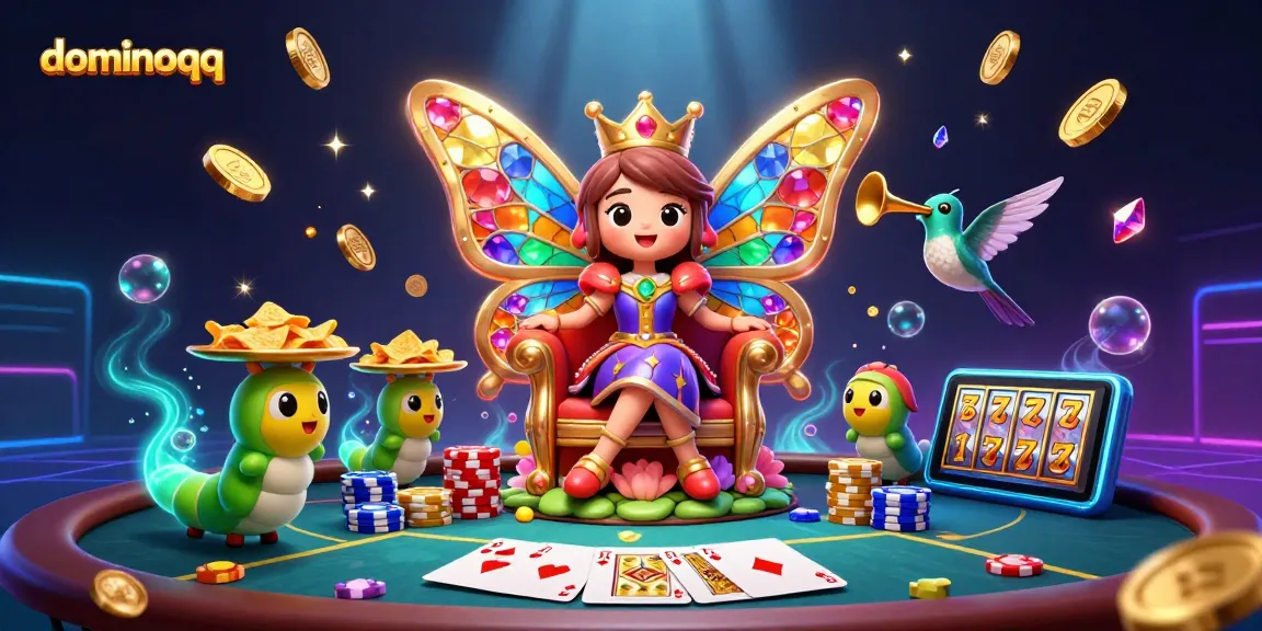 Win with dominoqq in a vibrant 3D casino scene featuring a butterfly queen and poker elements.