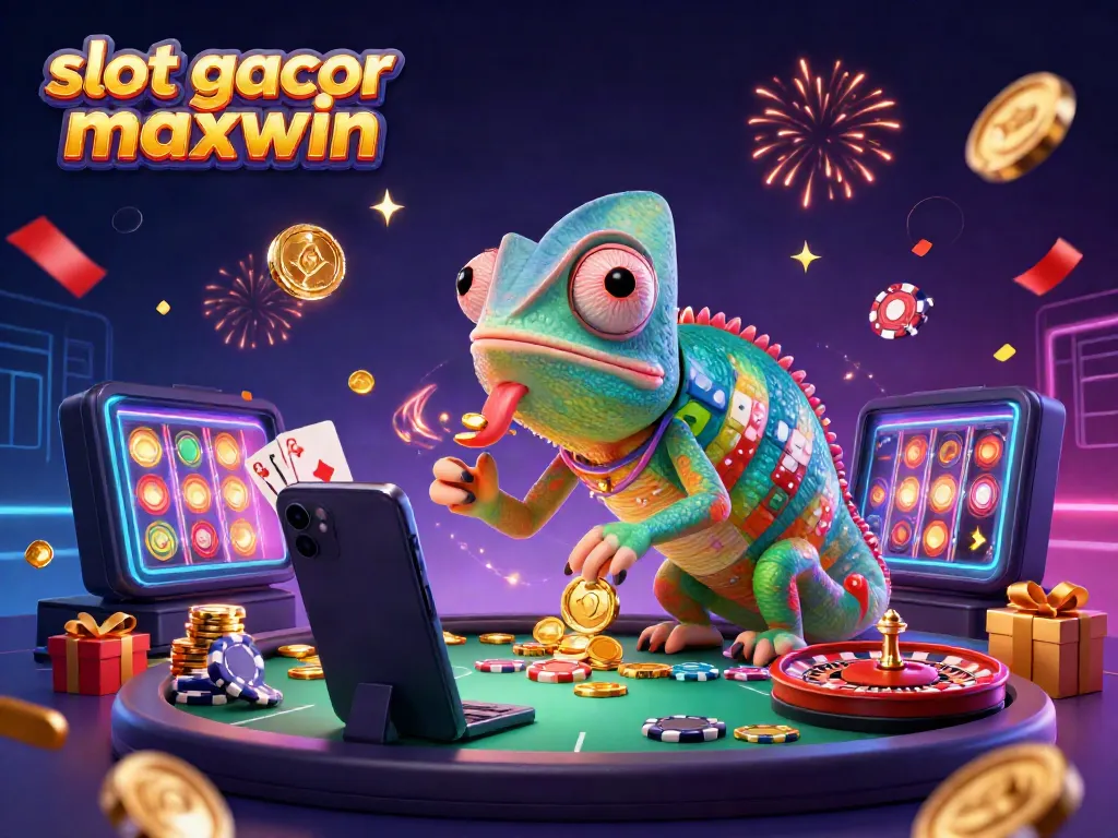 Experience the thrill of slot gacor maxwin with our vibrant casino scene featuring a chameleon owner and dynamic game elements.