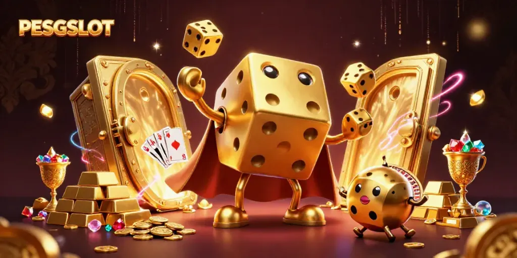 Permainan slot PESGSLOT dengan elemen visual menarik, menampilkan golem dadu emas dan berlian, menggambarkan keseruan kasino.