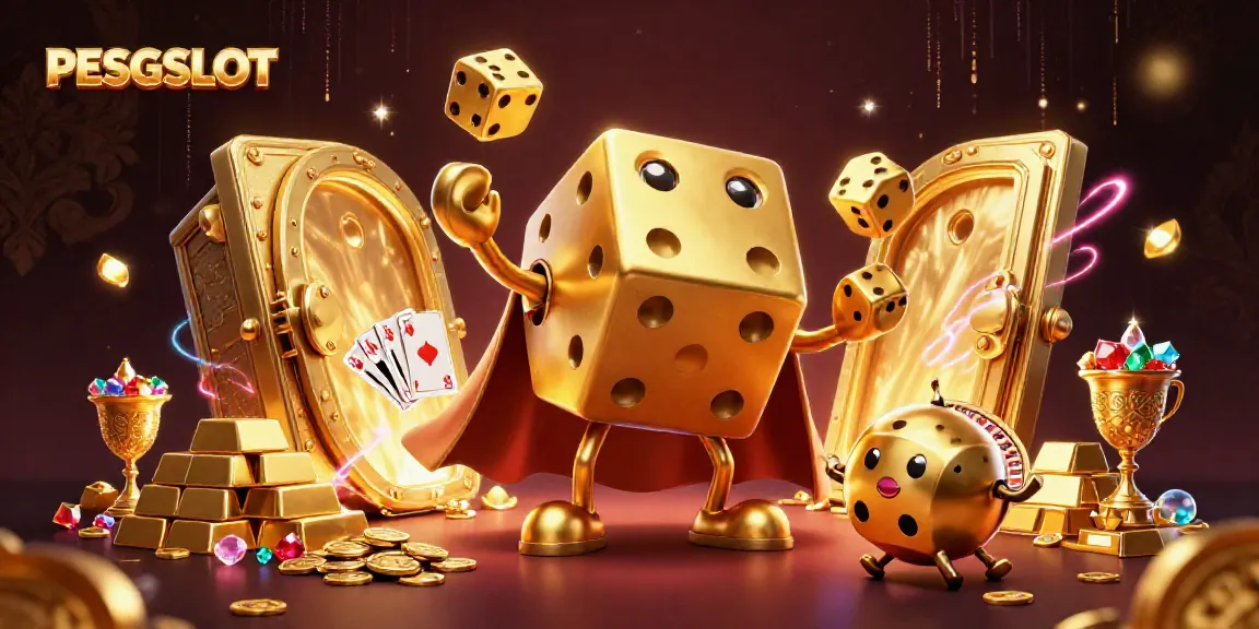 Permainan slot PESGSLOT dengan elemen visual menarik, menampilkan golem dadu emas dan berlian, menggambarkan keseruan kasino.
