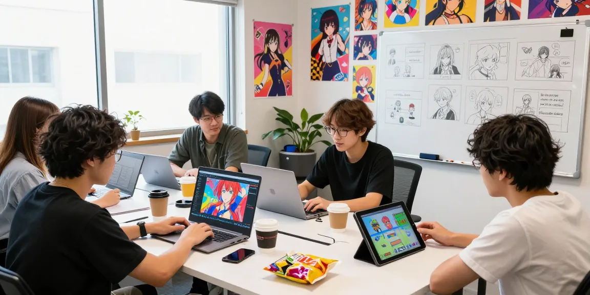 Developers collaborating on hentai games in a colorful studio filled with game art.