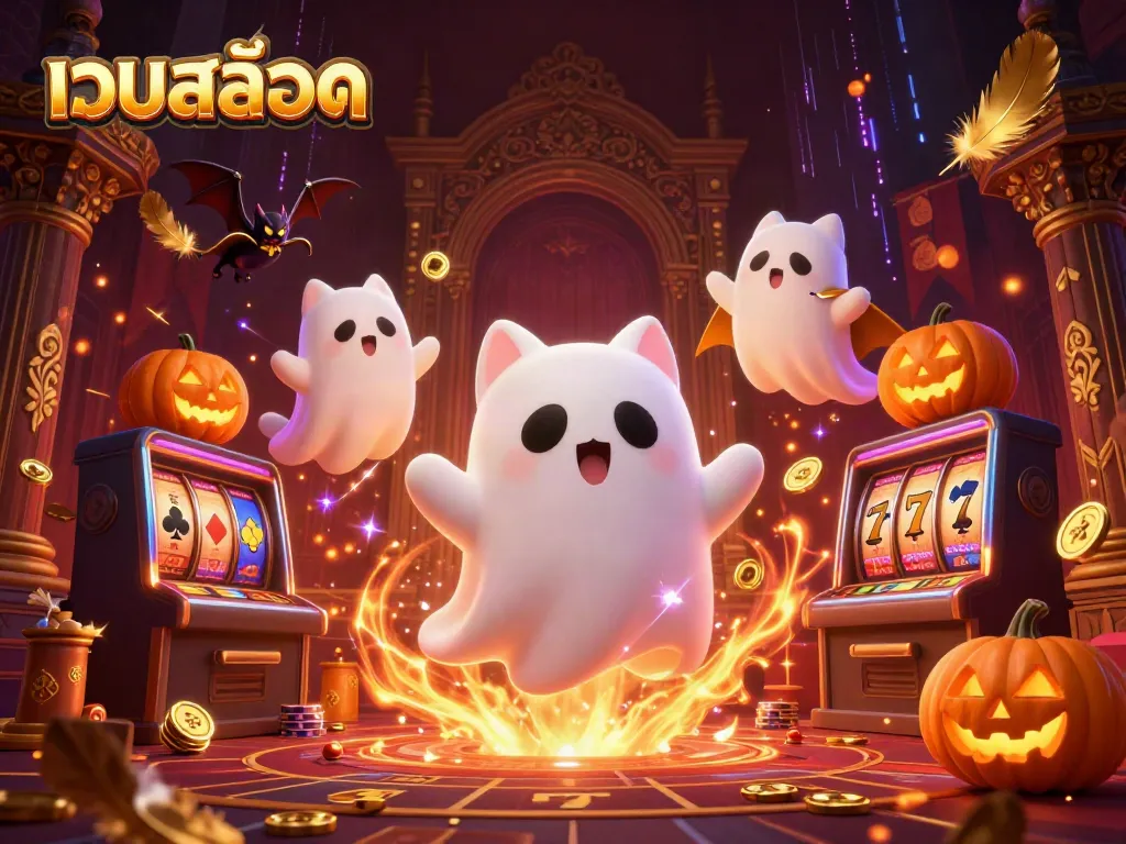 Experience เว็บสล็อต in a haunted casino, featuring playful ghost cat and vampire bat amidst glowing jack-o-lanterns and slot reels.