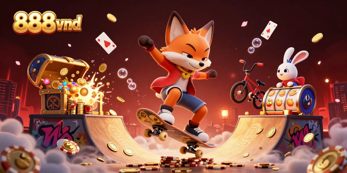 Experience thrilling moments at 888vnd as a fox skateboards through a vibrant casino world.
