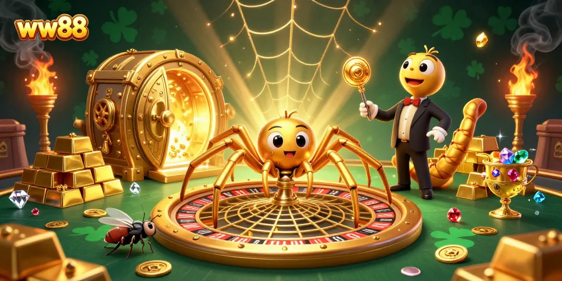 Engage in thrilling bets at ww88 with a golden spider roulette web and a nervous fly.