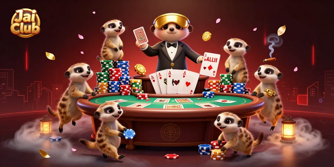 Engage with Jai club's lively casino scene featuring meerkats dealing cards and stacking chips.