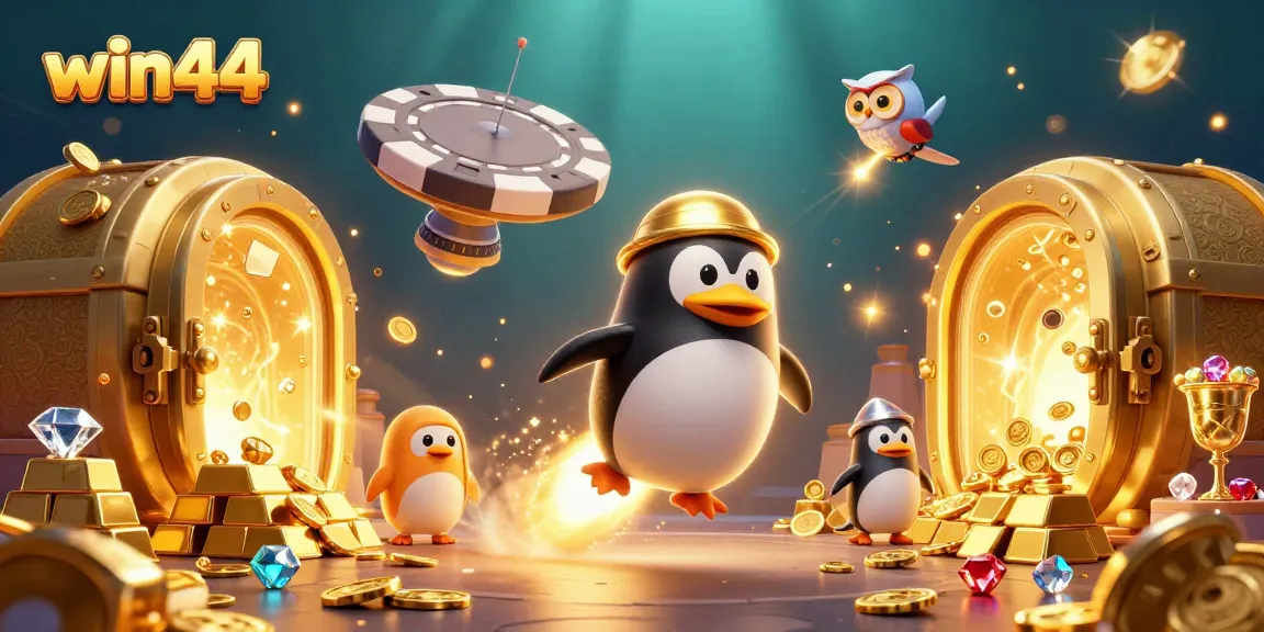 Join the adventure at win44, where a golden penguin navigates through casino-themed wonders bursting with treasures!