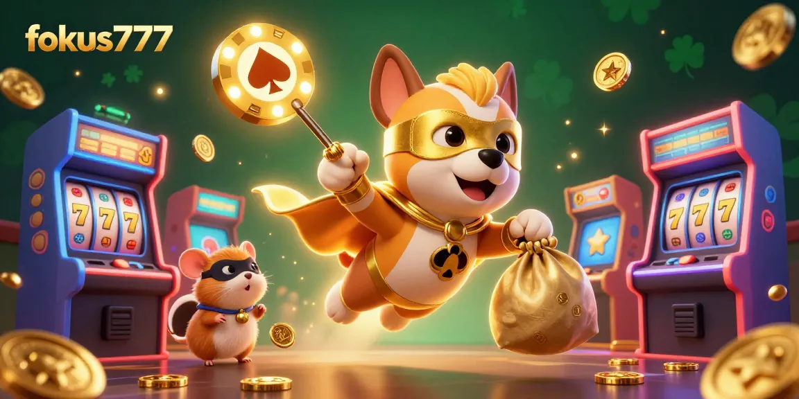 Experience the thrill of fokus777 with a superhero dog and rich game elements in a vibrant casino scene.