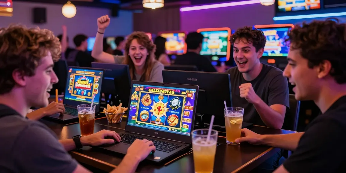 Engaged friends playing Slot Pragmatic games online in a vibrant casino setting, showcasing excitement and thrill.