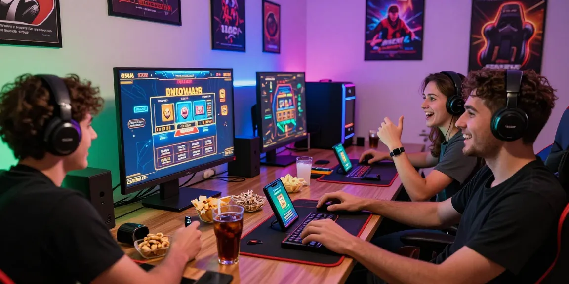 Excited gamers enjoying Free APK Downloads of casino games in a vibrant home setup.