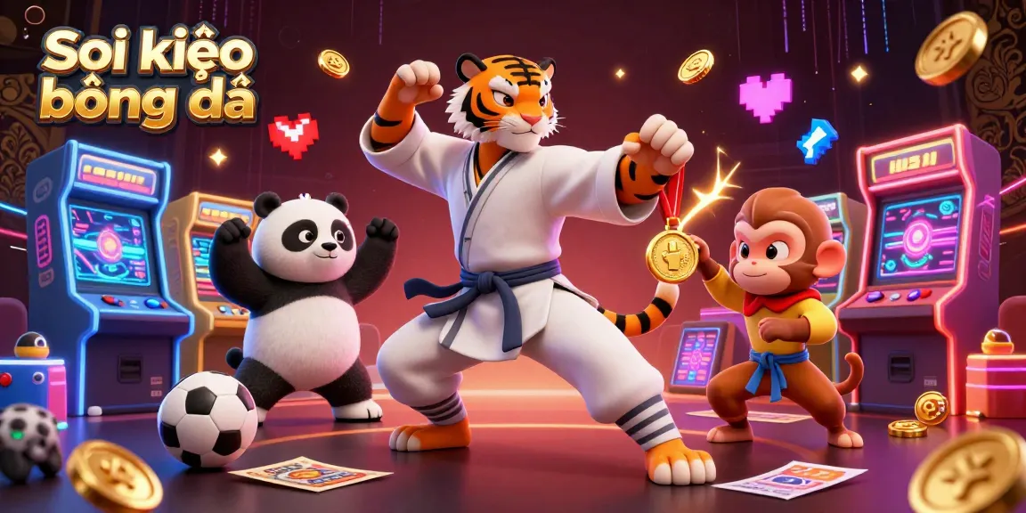 Soi kèo bóng đá strategy with a kung fu tiger master, panda, and monkey in an engaging sports betting atmosphere.