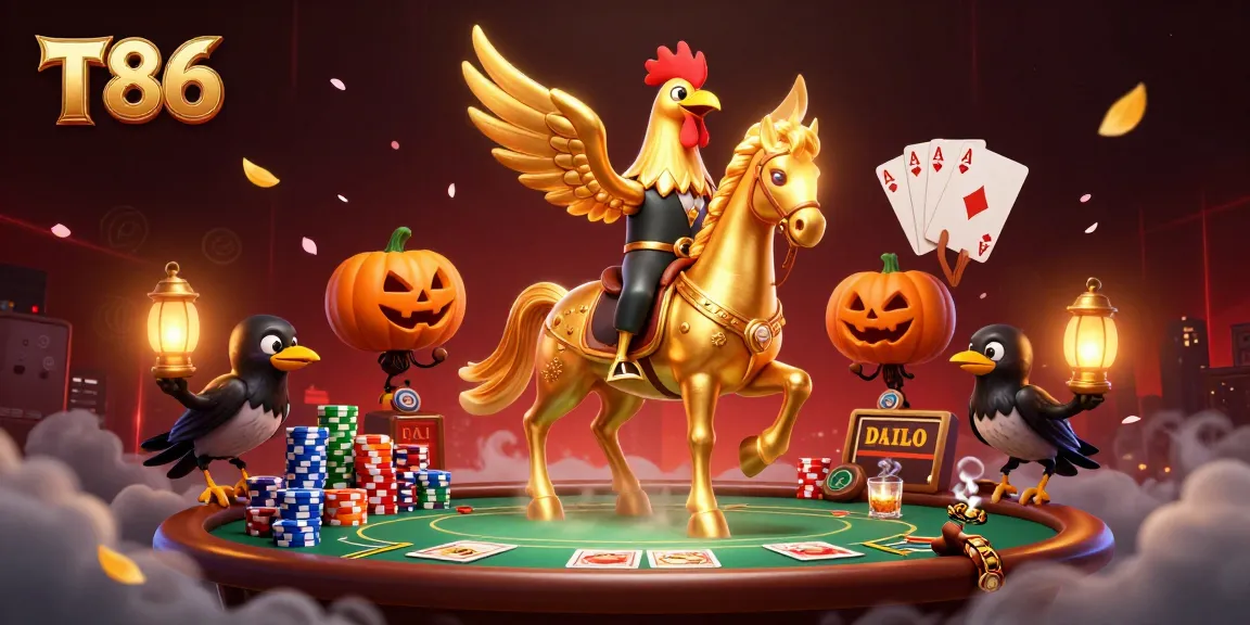 Join the thrilling action at T86 with a golden rooster in a vibrant casino scene, filled with poker excitement.