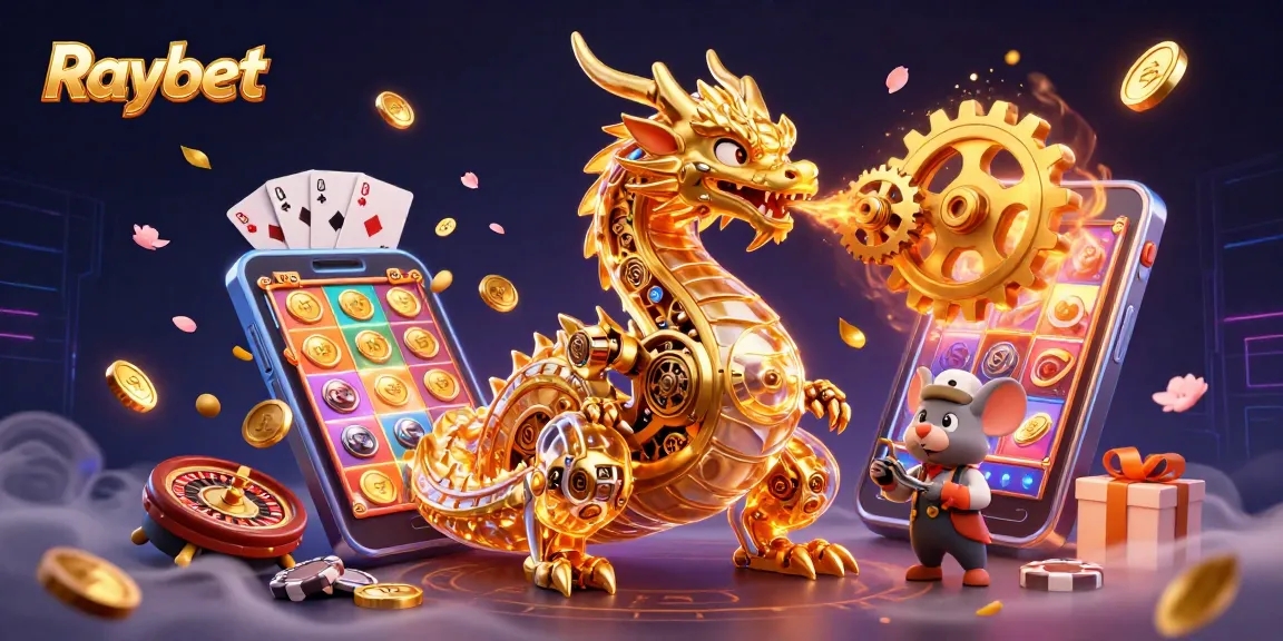 Navigate Raybet's thrilling 2026 gambling universe with a vibrant dragon, slots, and poker elements.