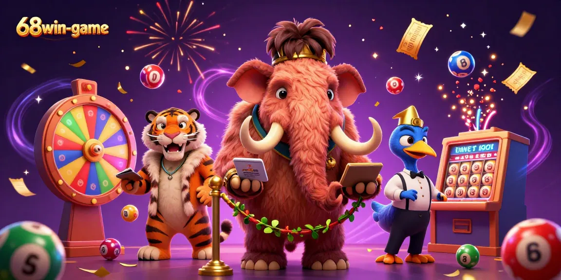 Immerse in 68win-game with a dazzling illustration featuring a woolly mammoth casino bouncer, VIP saber-tooth tiger, and playful elements.