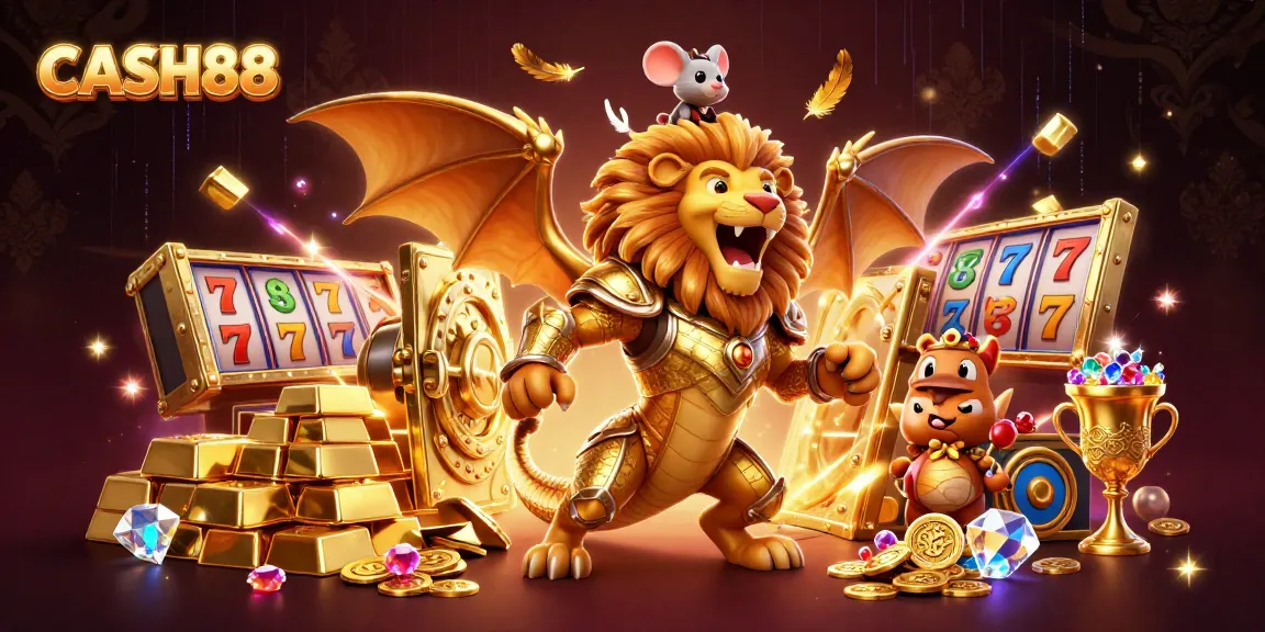 CASH88 elevates your gaming experience with a victorious creature amidst a treasure-filled casino.
