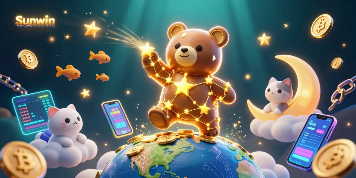 Spin to win with Sunwin, featuring a golden constellation bear collecting coins in a vibrant cosmic casino.