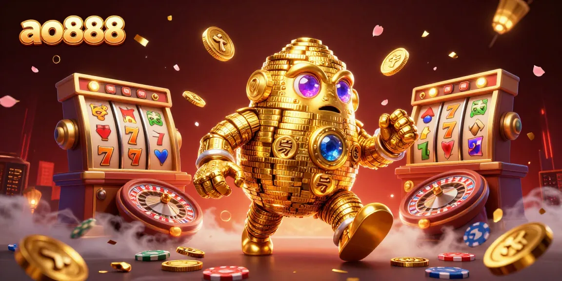 Experience thrilling gambling with ao888's golden golem surrounded by slot reels and poker chips